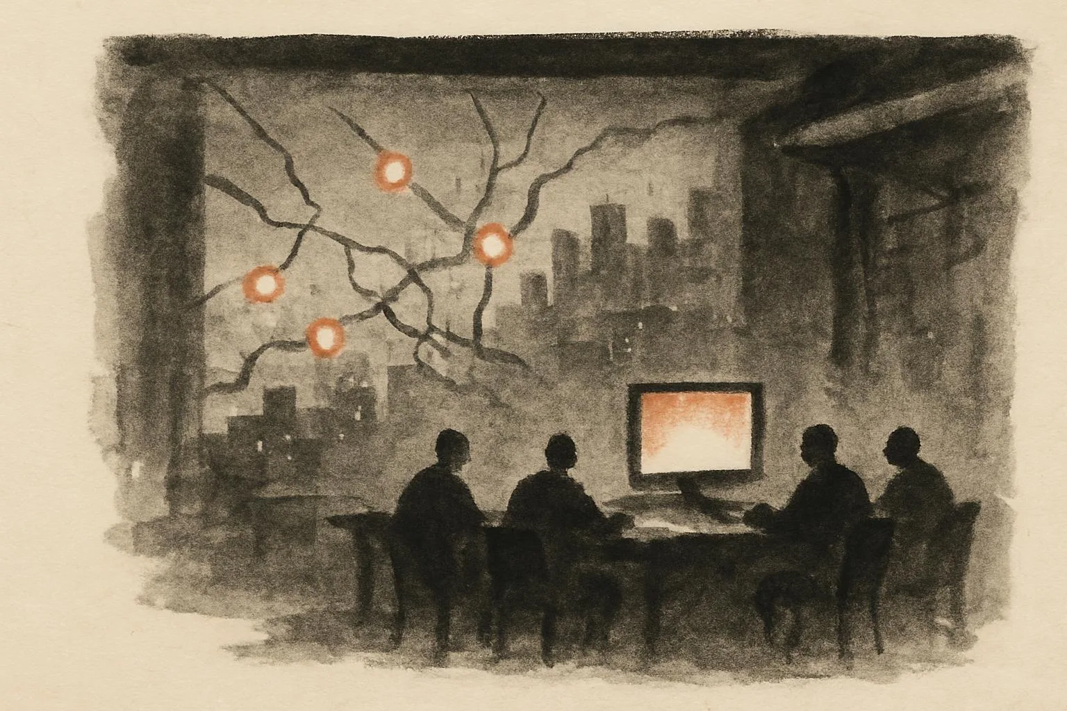 A dim control room with glowing network nodes, hidden wires branching across a city map, shadowy figures at a long table, and one small computer screen illuminating the scene at midnight.